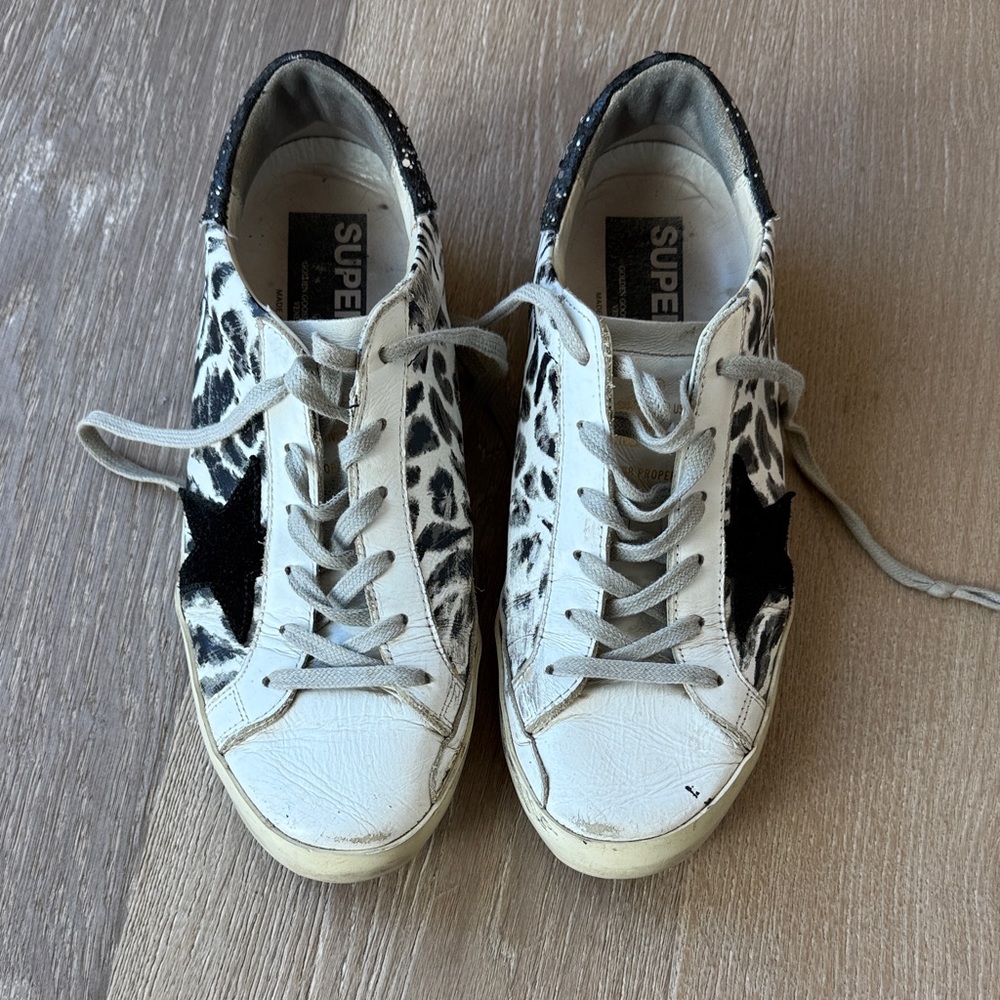 Golden Goose Leopard Print Sneakers with Black Glitter
